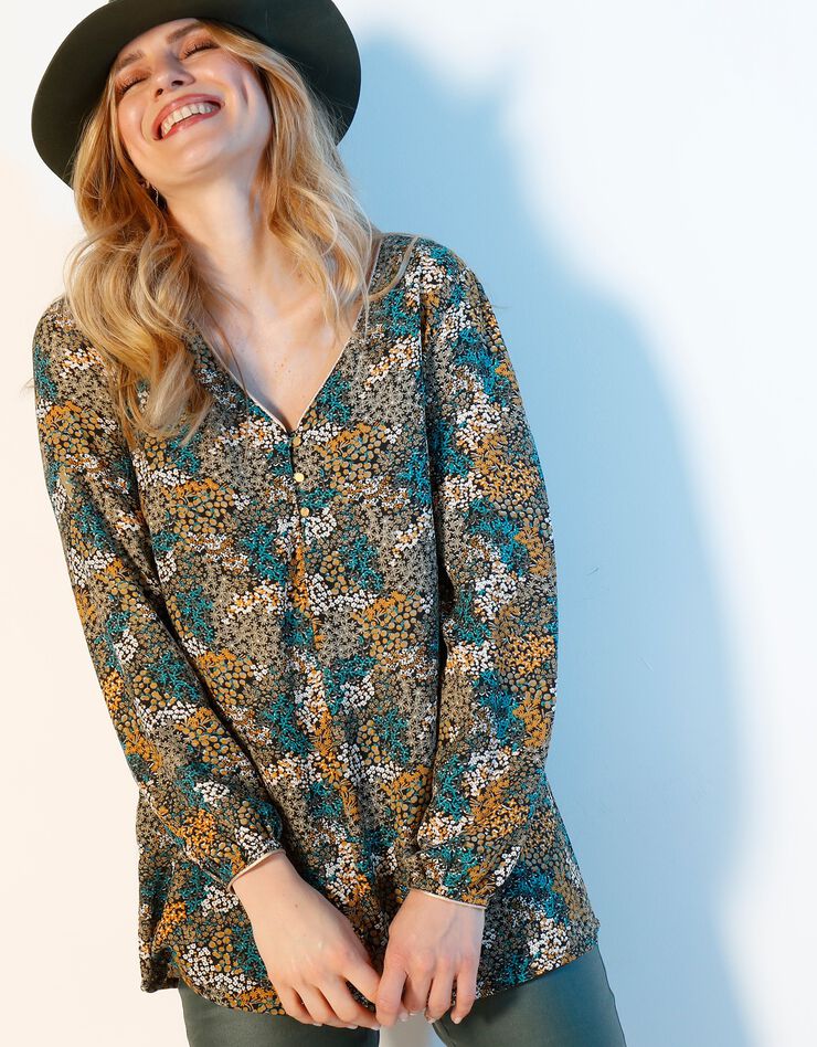 Blouse évasée détails dorés imprimé fleurs (kaki / safran) Blouse évasée détails dorés imprimé fleurs (kaki / safran)