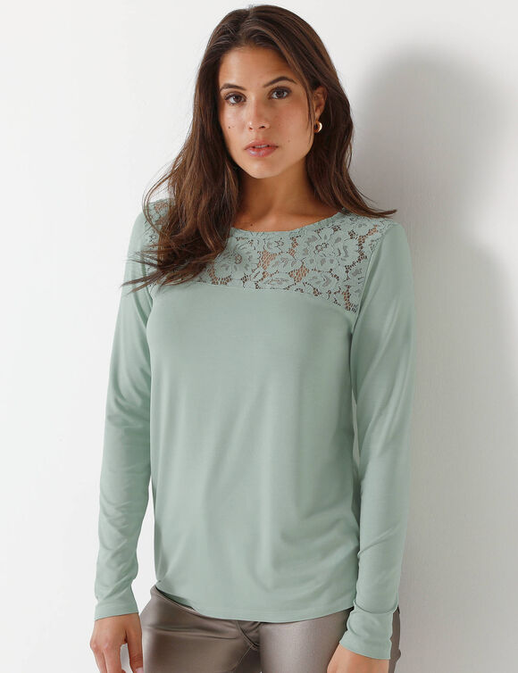 T-shirt col rond manches longues dentelle (vert amande)
