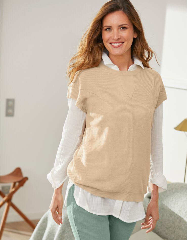Pull maille perlée sans manches (sable) Pull maille perlée sans manches (sable)