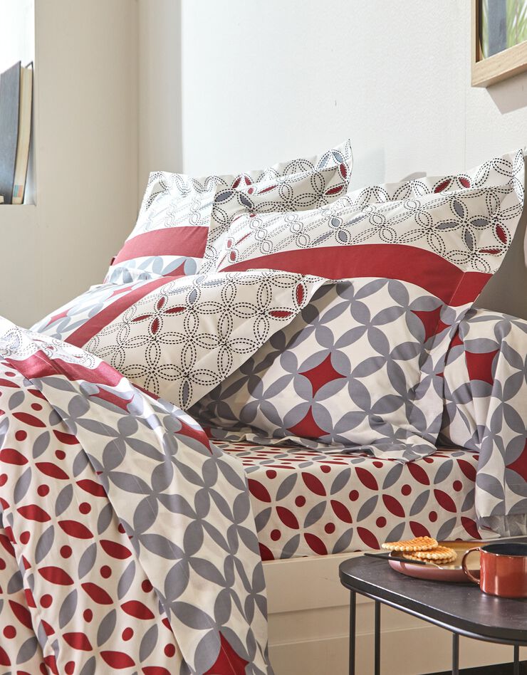 Linge de lit Marlow en coton à motifs géométriques (gris / rouge)