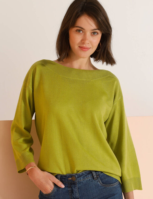 Pull col bateau manches 3/4, toucher doux (vert mousse)