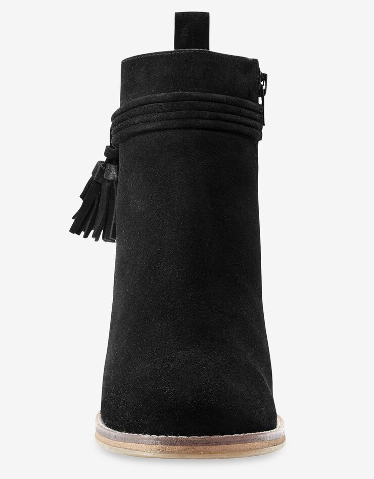 Boots en croûte de cuir à talon et pompons (noir)
