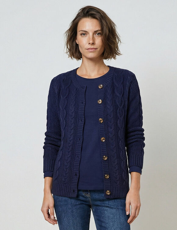 Cardigan boutonn&eacute;, maille torsad&eacute;e (bleu marine)