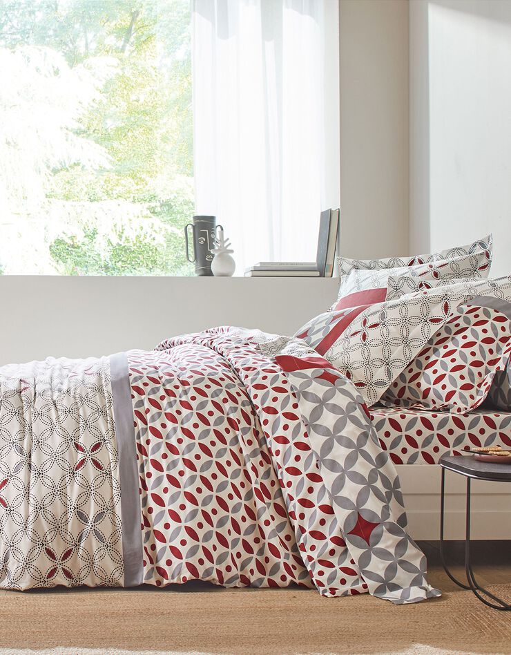 Linge de lit Marlow en coton à motifs géométriques (gris / rouge)
