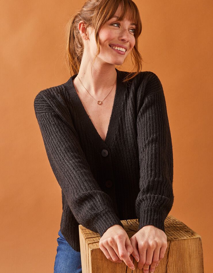 Gilet boutonné volume loose maille toucher mohair  (noir)