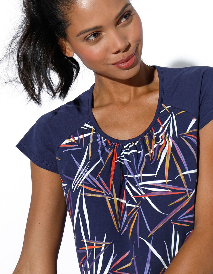 Tee-shirt imprimé encolure froncée, manches courtes (marine / multicolore)