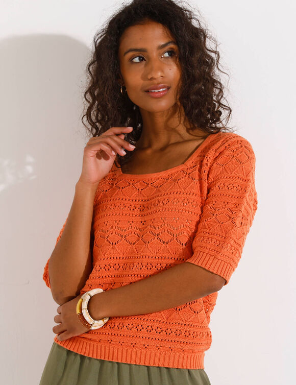 Pull col carré uni, maille ajourée (mandarine)