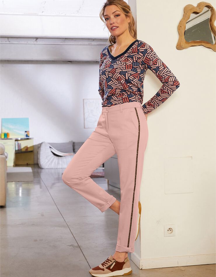Pantalon chino bande strassée (rose grisé)