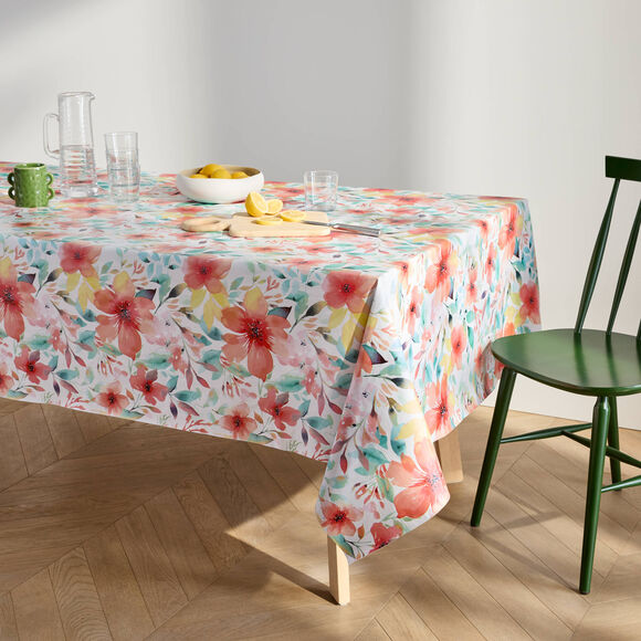 Nappe toile cir&eacute;e imprim&eacute; fleurs hibiscus (corail)