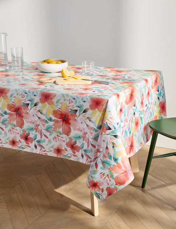Nappe toile cir&eacute;e imprim&eacute; fleurs hibiscus (corail)
