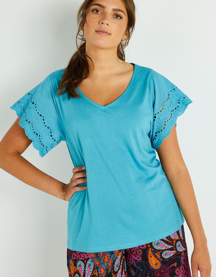 Tee-shirt manches courtes broderie anglaise (bleu) Tee-shirt manches courtes broderie anglaise (bleu)