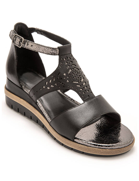 Sandales cuir ajouré pailleté largeur confort (noir)