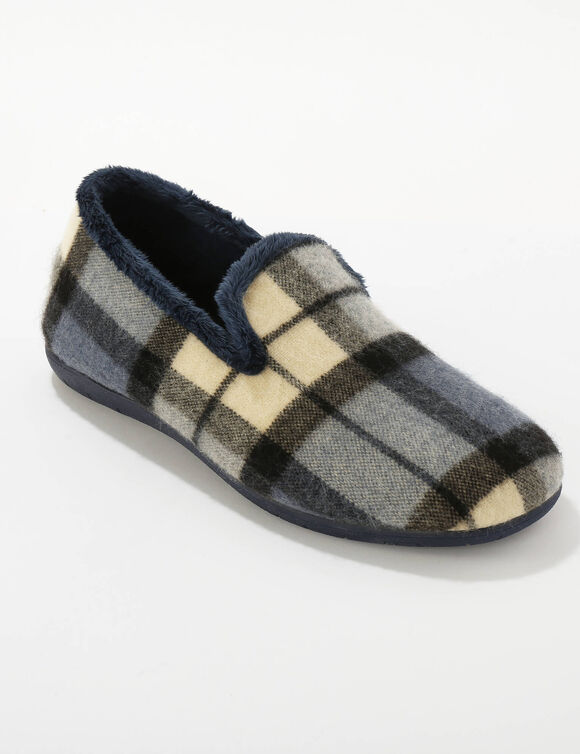 Chaussons fourrés à carreaux, forme charentaise (bleu)
