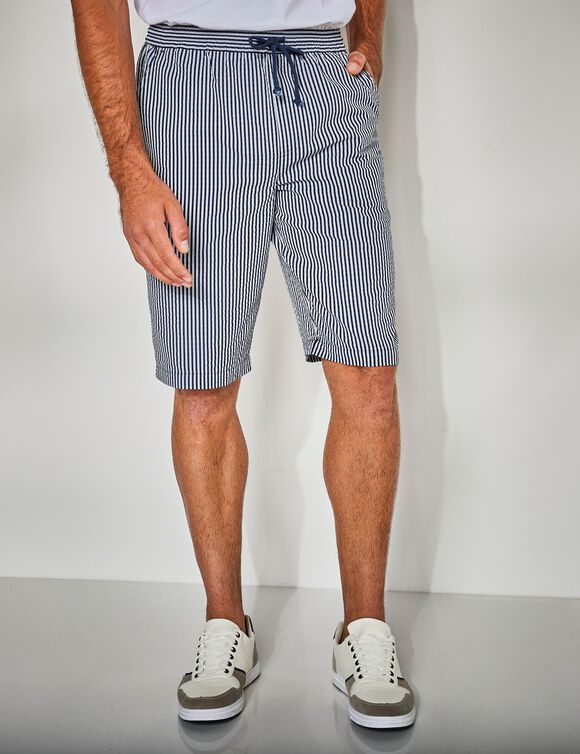 Bermuda seersucker taille élastiquée (blanc / bleu)