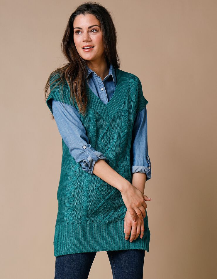 Pull tunique torsadé manches courtes, toucher cachemire (vert)