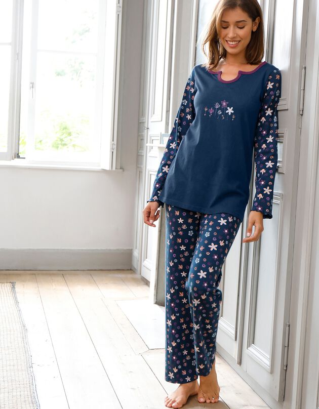 Pyjama pantalon imprimé fleurs - pur coton (marine)