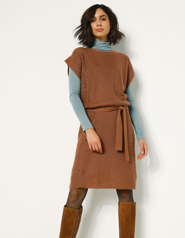 Robe manches courtes ceinturée - toucher mohair (noisette)