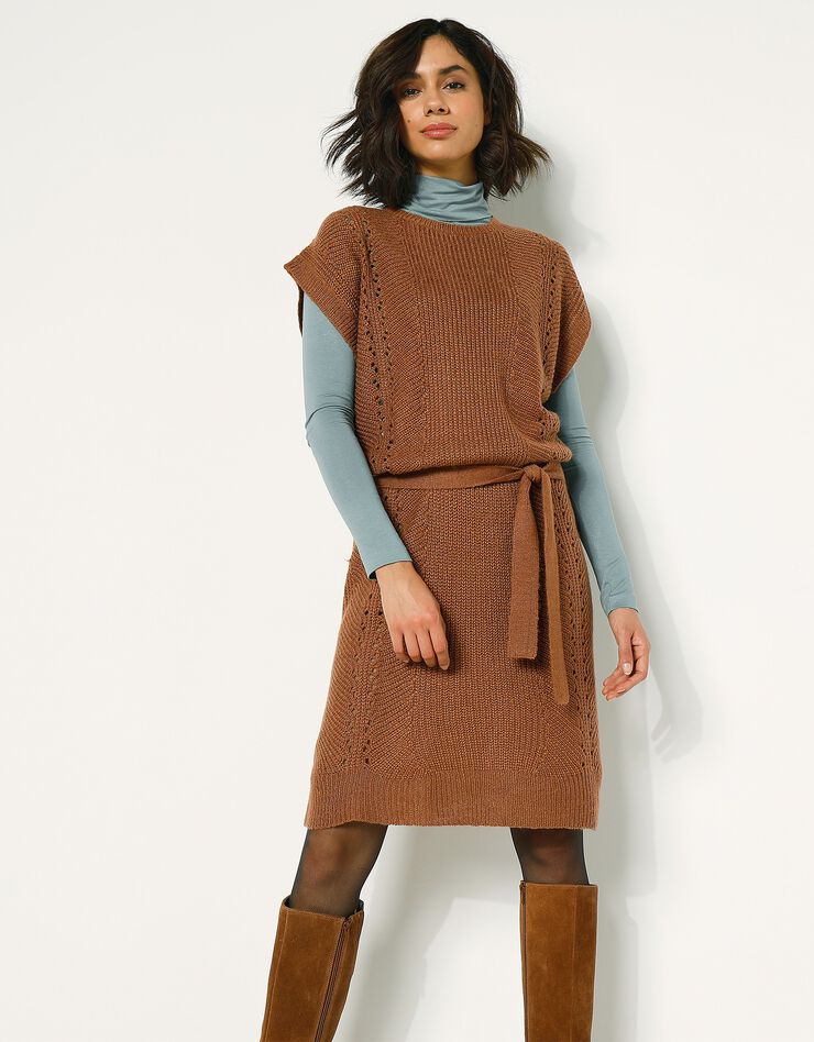 Robe manches courtes ceinturée - toucher mohair (noisette)