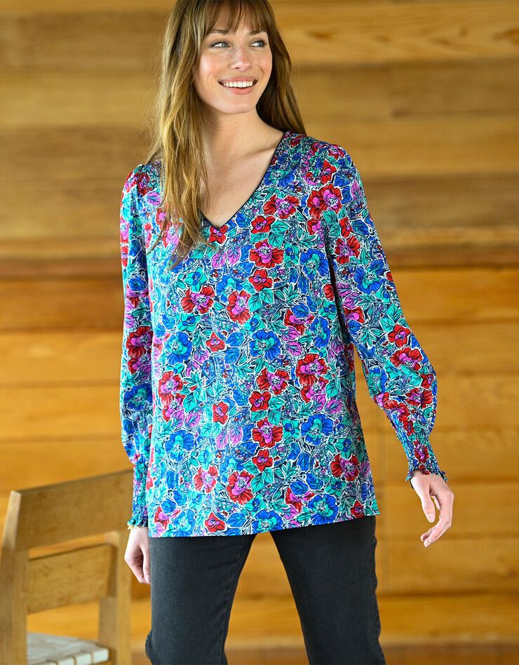 Blouse smocks épaules imprimé fleuri (bleu / vert) Blouse smocks épaules imprimé fleuri (bleu / vert)