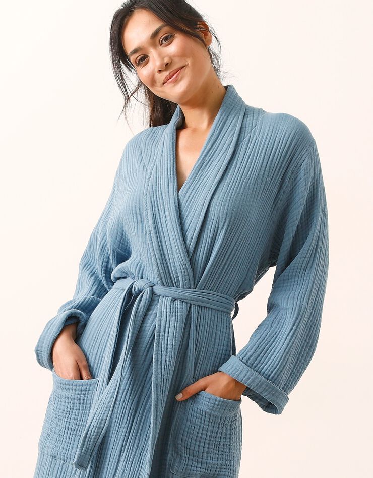 Peignoir uni en triple gaze de coton  (bleu)