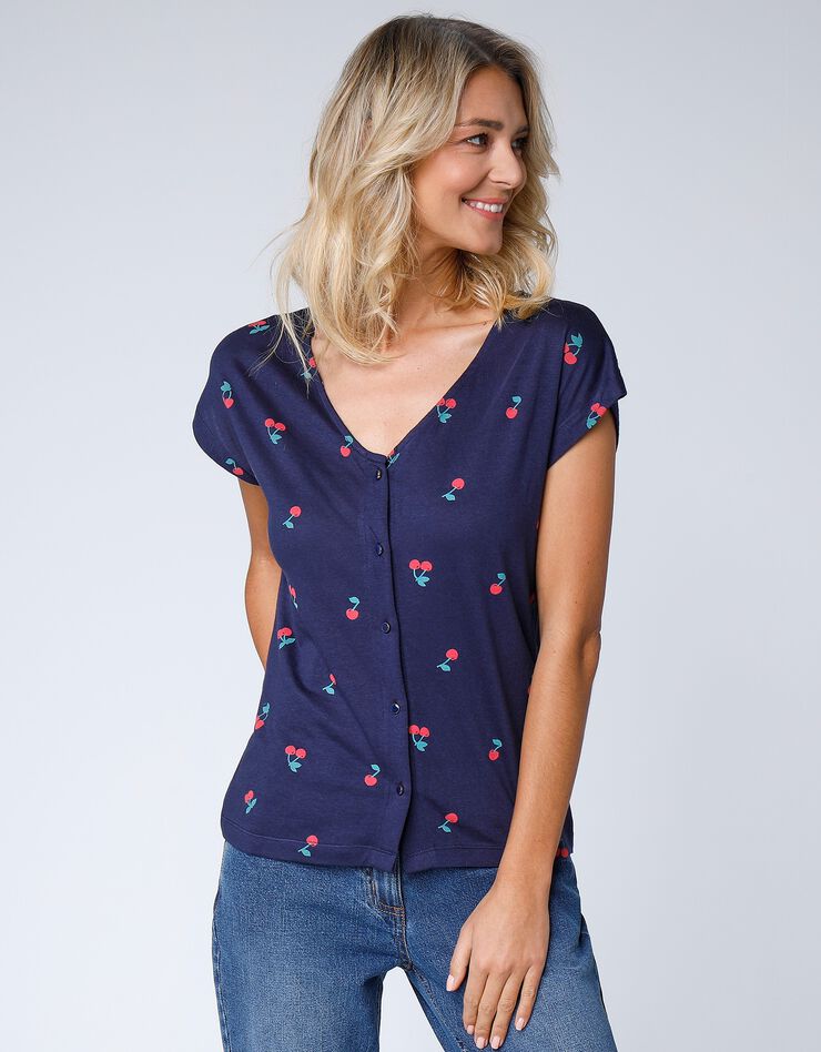 Tee-shirt col V boutonné imprimé cerises, spécial petites (marine) Tee-shirt col V boutonné imprimé cerises, spécial petites (marine)