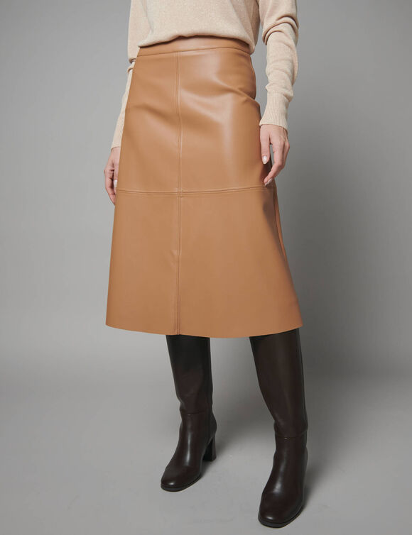 Jupe &eacute;vas&eacute;e mi longue, aspect cuir** (caramel)