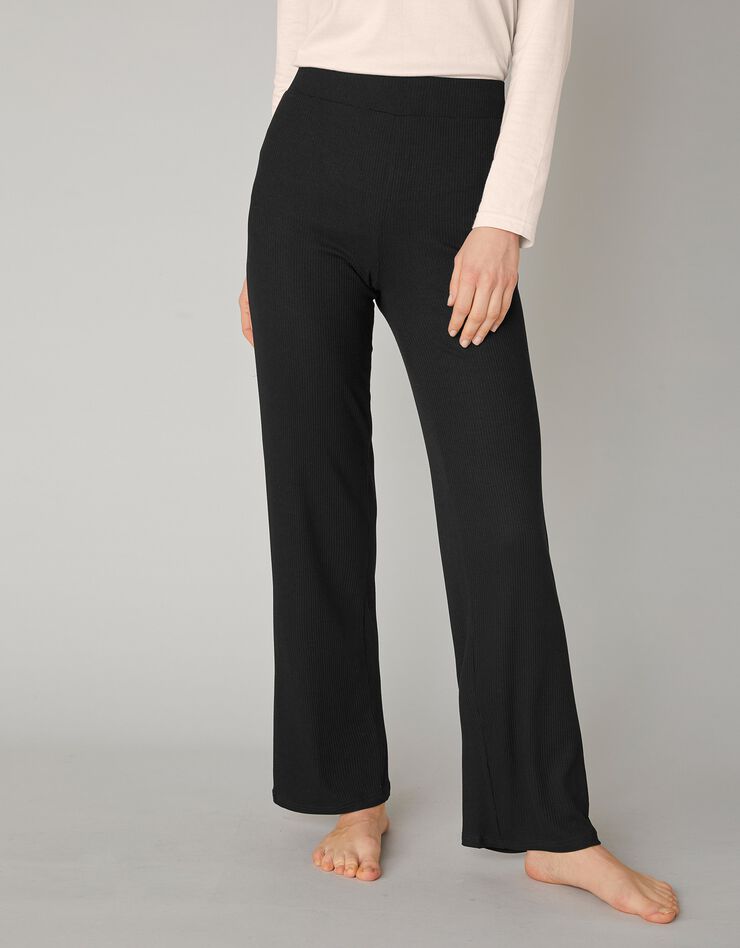 Pantalon large maille côtelée taille élastiquée (noir)