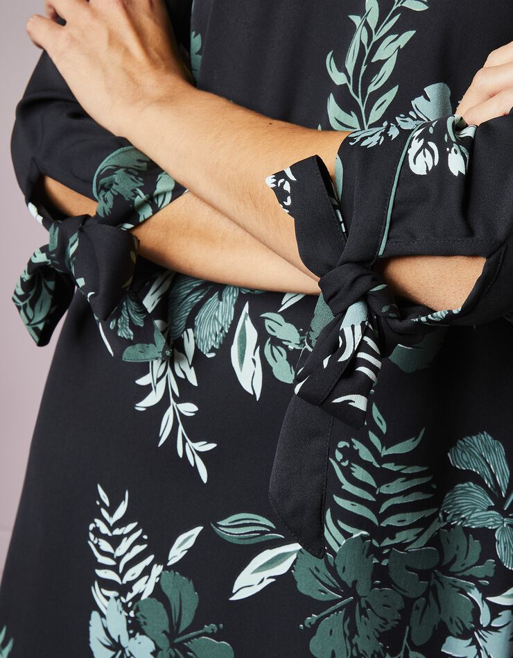 Robe évasée biais contrastés imprimé floral (noir / kaki)