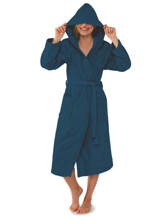 Peignoir mixte adulte col capuche éponge bouclette (bleu paon)