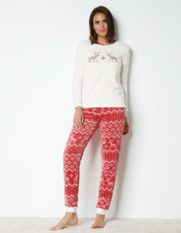 Pyjama pantalon maille polaire brodé "renne" (écru / rose)