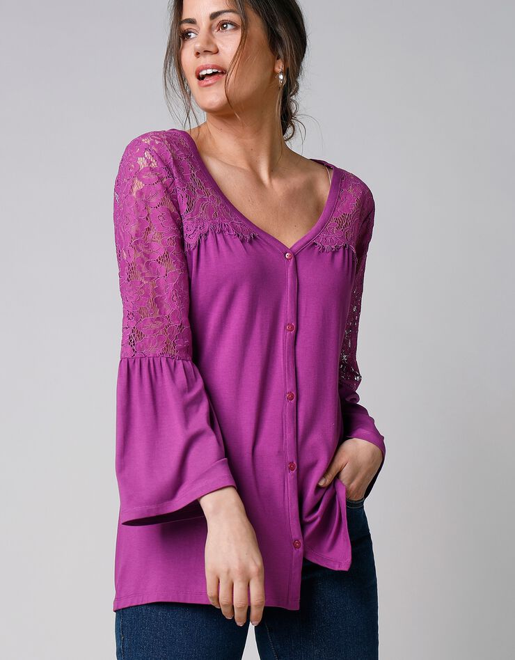 Tee-shirt boutonné manches 3/4 dentelle (violine) Tee-shirt boutonné manches 3/4 dentelle (violine)