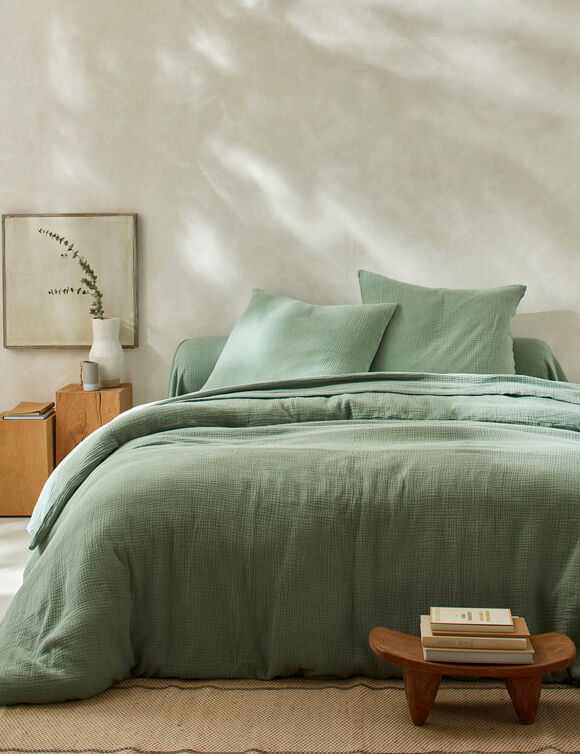 Linge de lit uni en triple gaze de coton (vert)