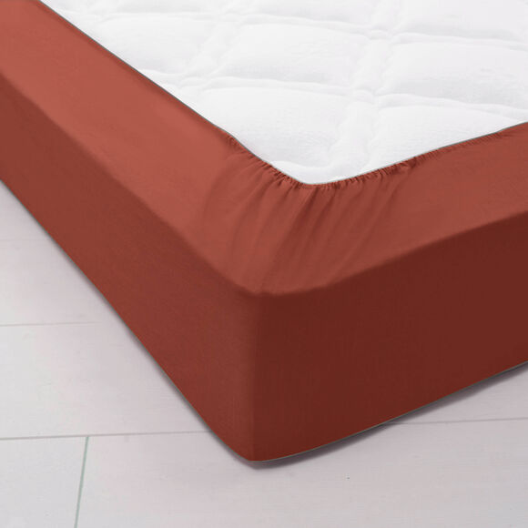 Drap-housse uni coton 57 fils/cm&sup2; - bonnet 32 cm (terracotta)