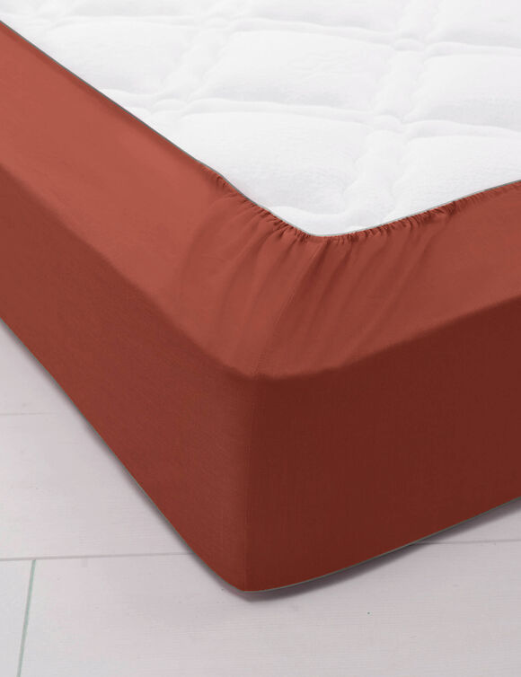 Drap-housse uni coton 57 fils/cm&sup2; - bonnet 32 cm (terracotta)
