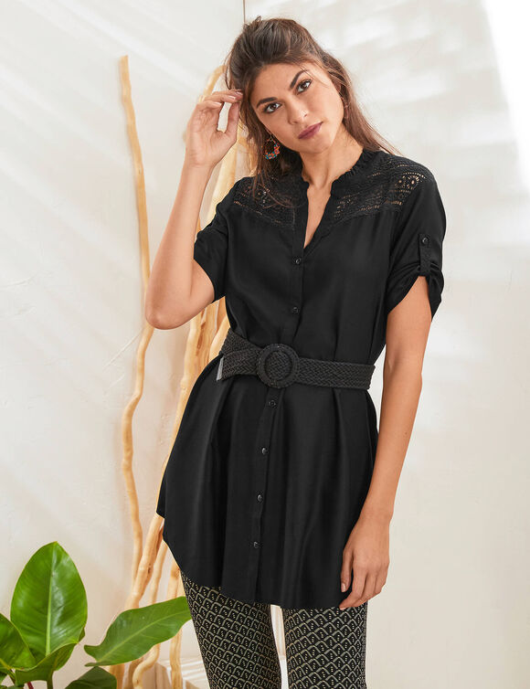 Tunique boutonnée macramé unie  (noir)