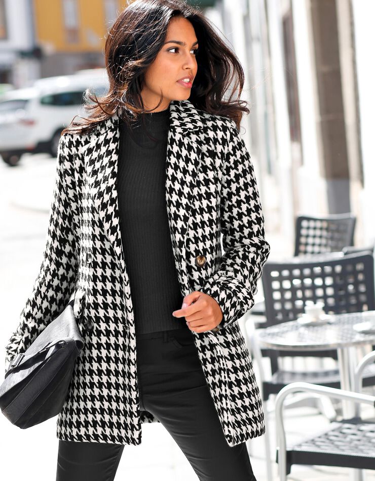 Manteau caban imprimé pied-de-poule drap de laine (noir / blanc) Manteau caban imprimé pied-de-poule drap de laine (noir / blanc)