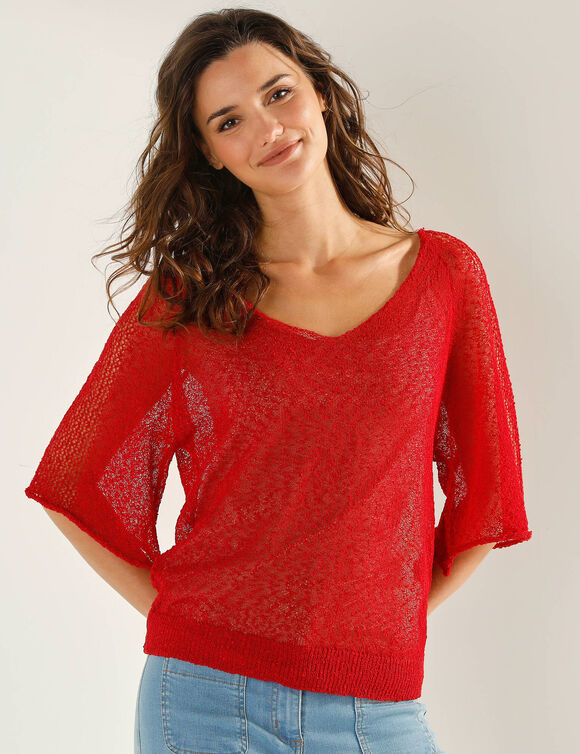 Pull loose manches coude, maille fantaisie (rouge)