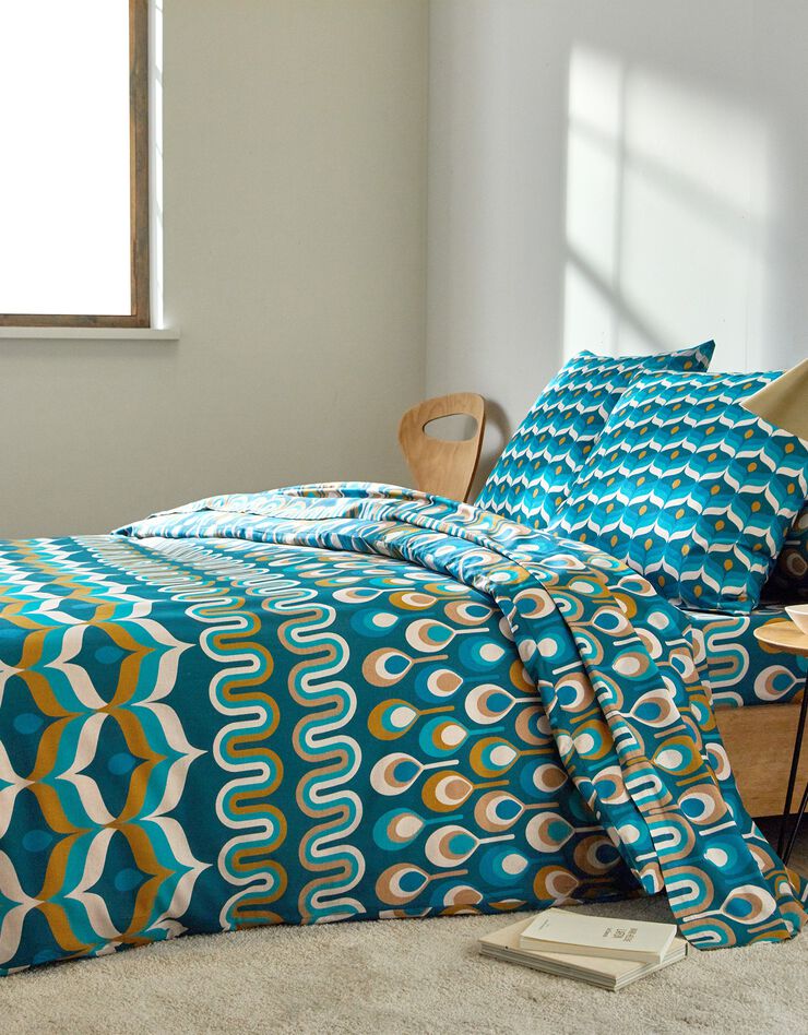 Linge de lit Irène en coton imprimé  (bleu paon)