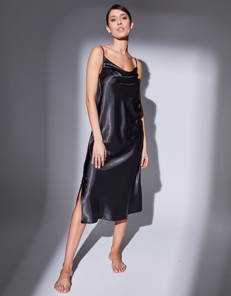 Nuisette longue satin et dentelle - col bénitier (noir)