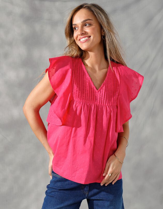 Blouse manches courtes volantées et plis piqués (rose)