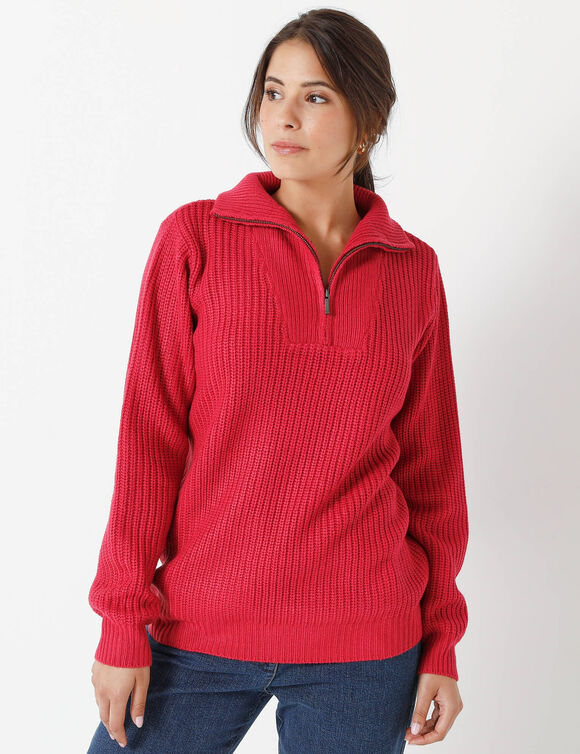 Pull col camionneur zippé maille anglasie (framboise)