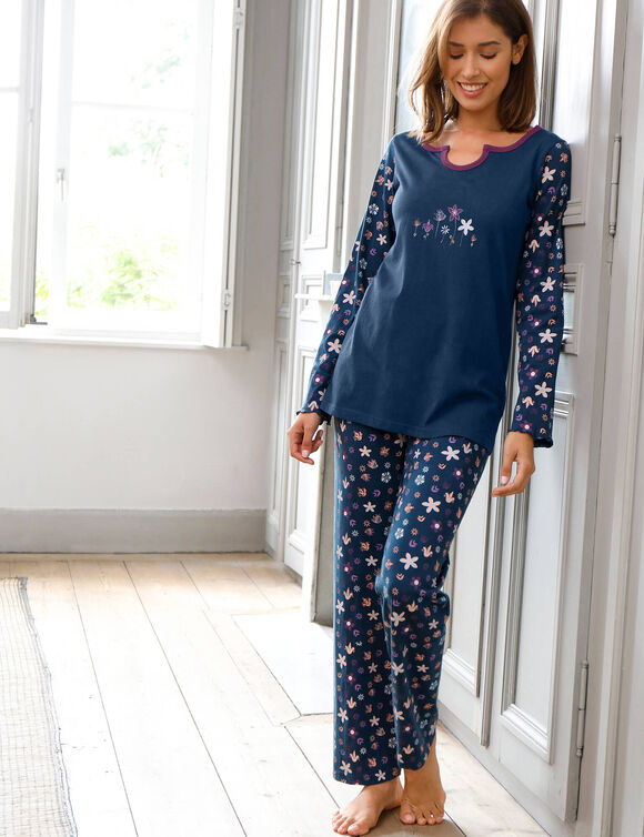 Pyjama pantalon imprim&eacute; fleurs - pur coton (marine)