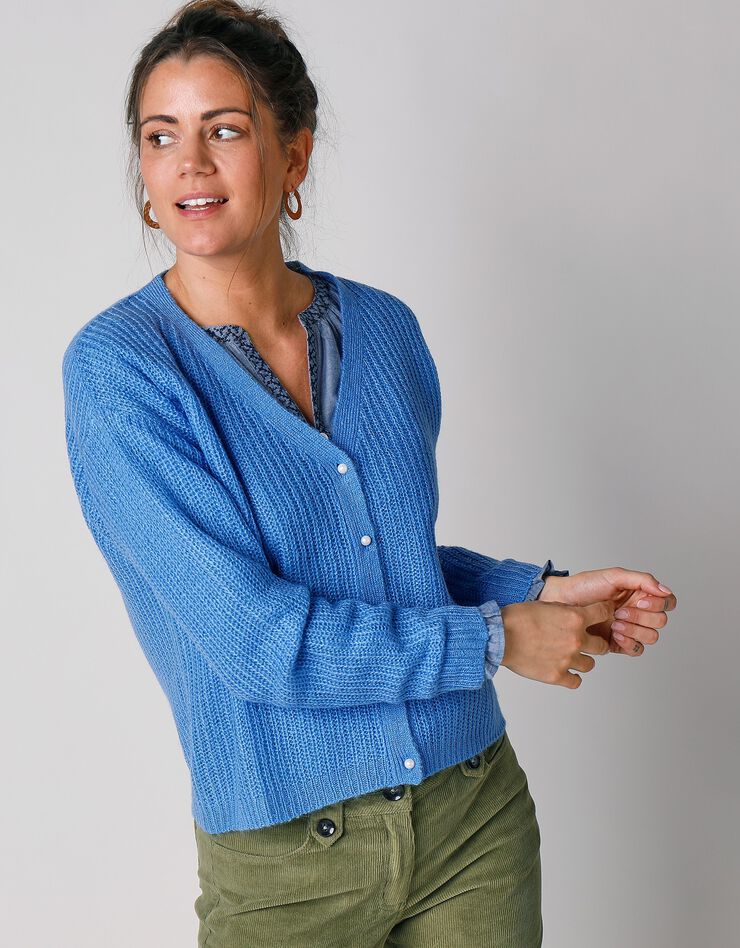 Gilet col V boutonné, maille anglaise toucher mohair (bleu lavande)