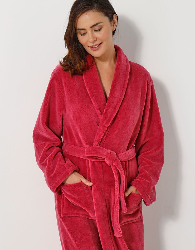 Peignoir mixte adulte col châle, microfibre toucher peluche (framboise)