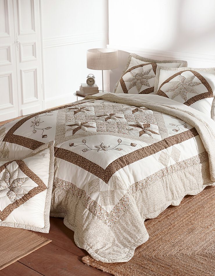 Couvre-lit patchwork imprimé fleurs (taupe)