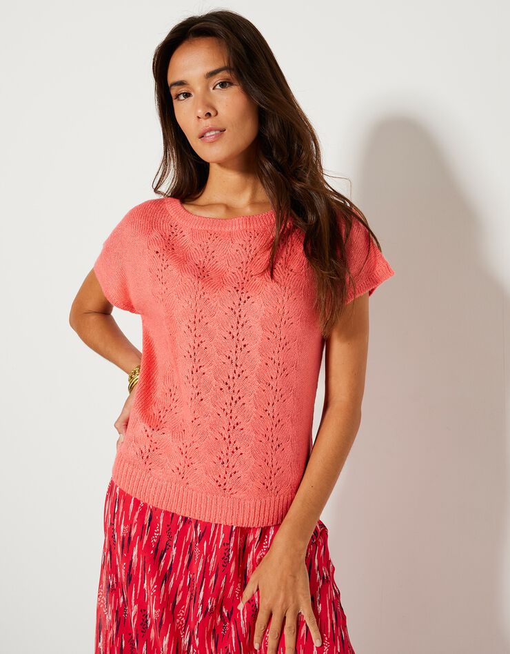 Pull manches courtes, maille ajourée toucher mohair (corail) Pull manches courtes, maille ajourée toucher mohair (corail)