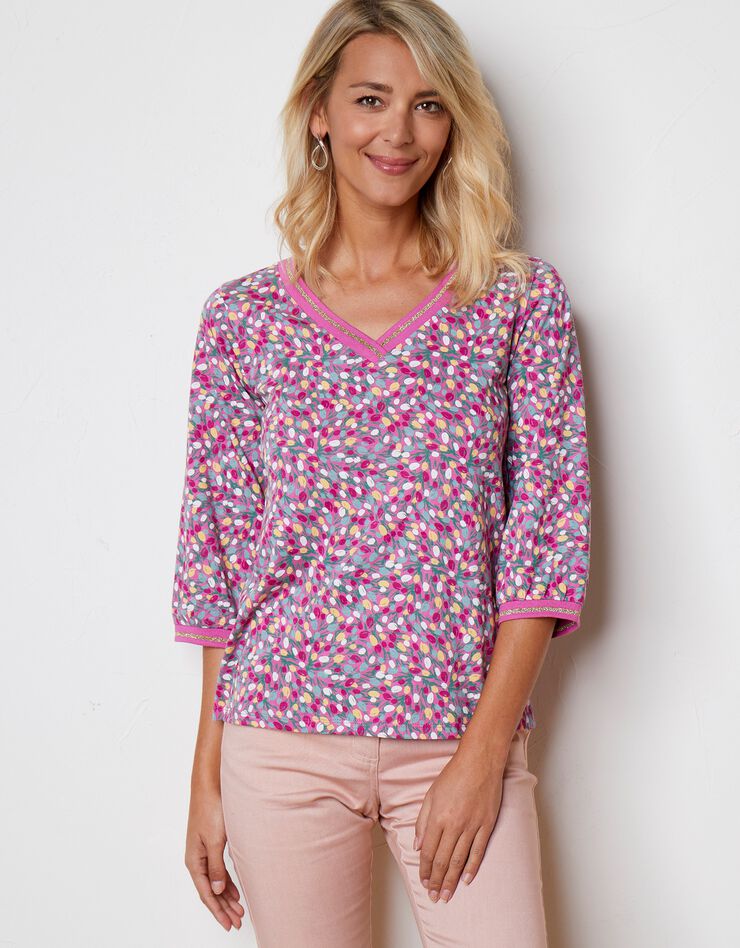 Tee-shirt manches 3/4 imprimé fleurs (rose) Tee-shirt manches 3/4 imprimé fleurs (rose)
