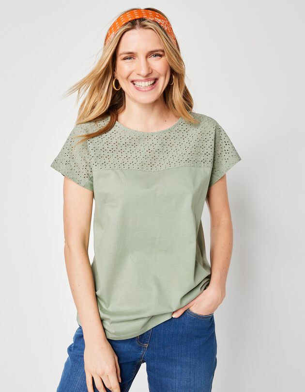 Tee-shirt broderie anglaise manches courtes (vert grisé)