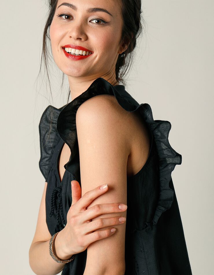 Blouse col V boutonnée unie, broderie anglaise (noir) Blouse col V boutonnée unie, broderie anglaise (noir)