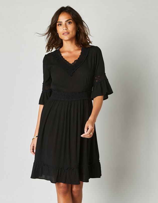 Robe courte macramé unie, crépon (noir)
